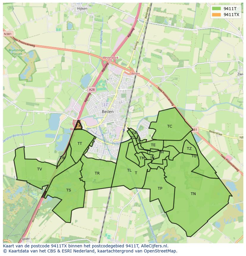 Afbeelding van het postcodegebied 9411 TX op de kaart.