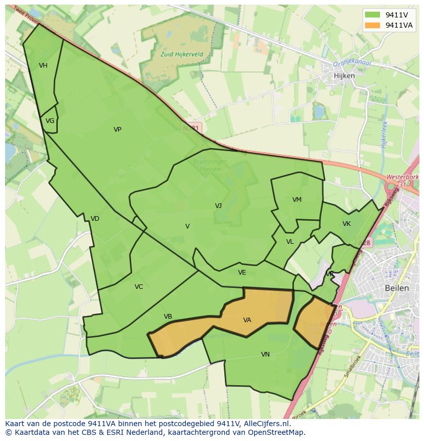 Afbeelding van het postcodegebied 9411 VA op de kaart.