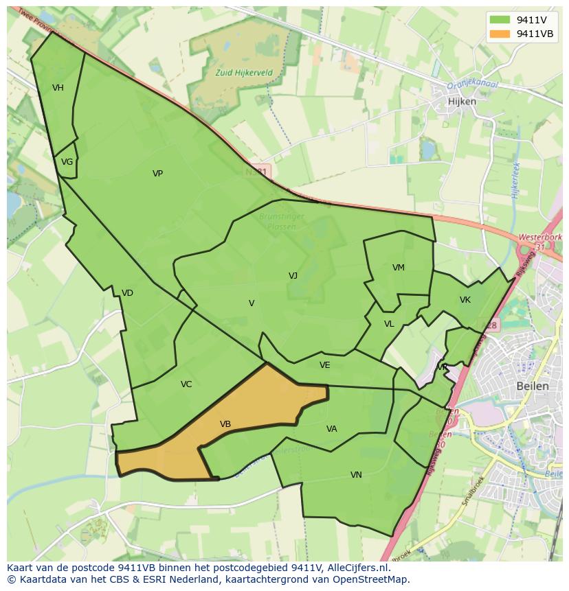 Afbeelding van het postcodegebied 9411 VB op de kaart.