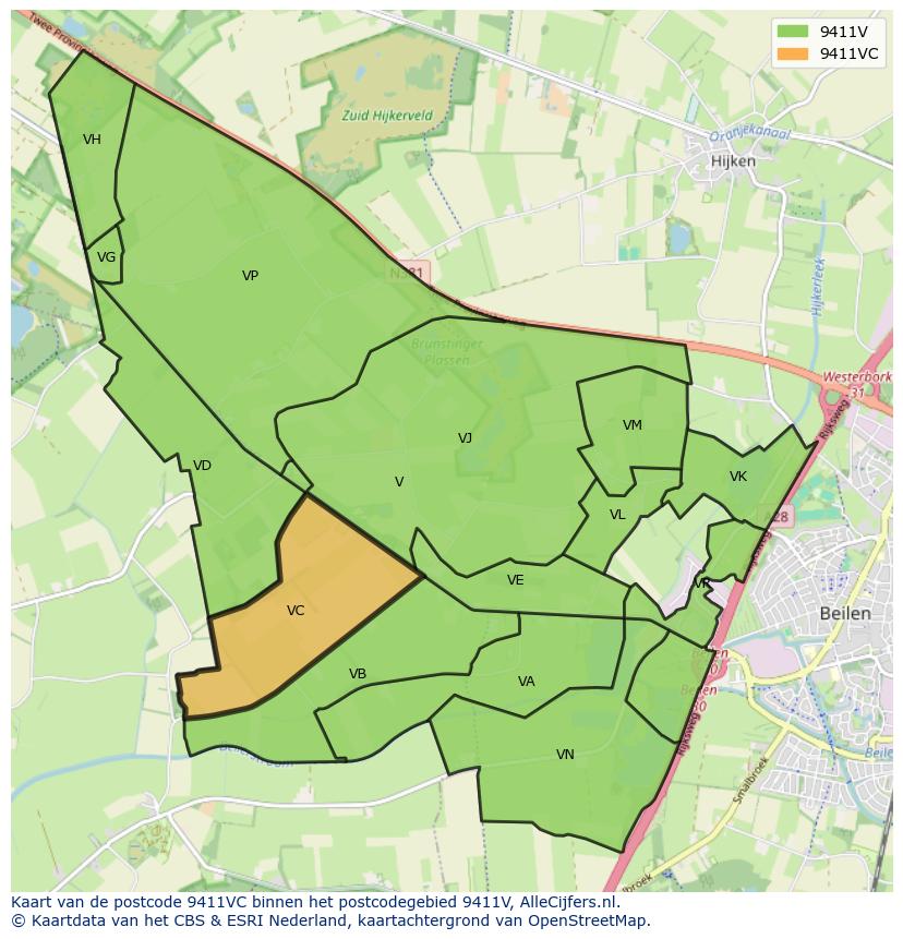 Afbeelding van het postcodegebied 9411 VC op de kaart.