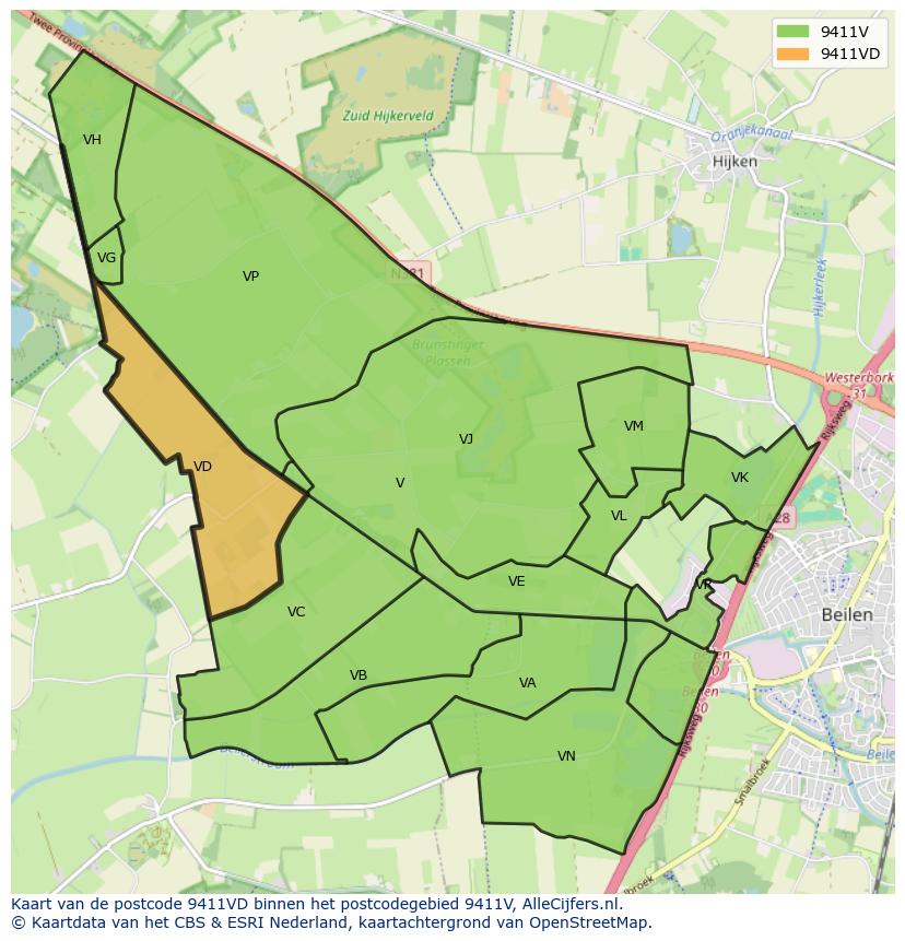 Afbeelding van het postcodegebied 9411 VD op de kaart.