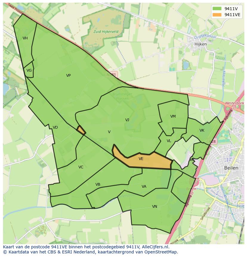 Afbeelding van het postcodegebied 9411 VE op de kaart.