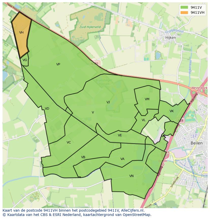 Afbeelding van het postcodegebied 9411 VH op de kaart.