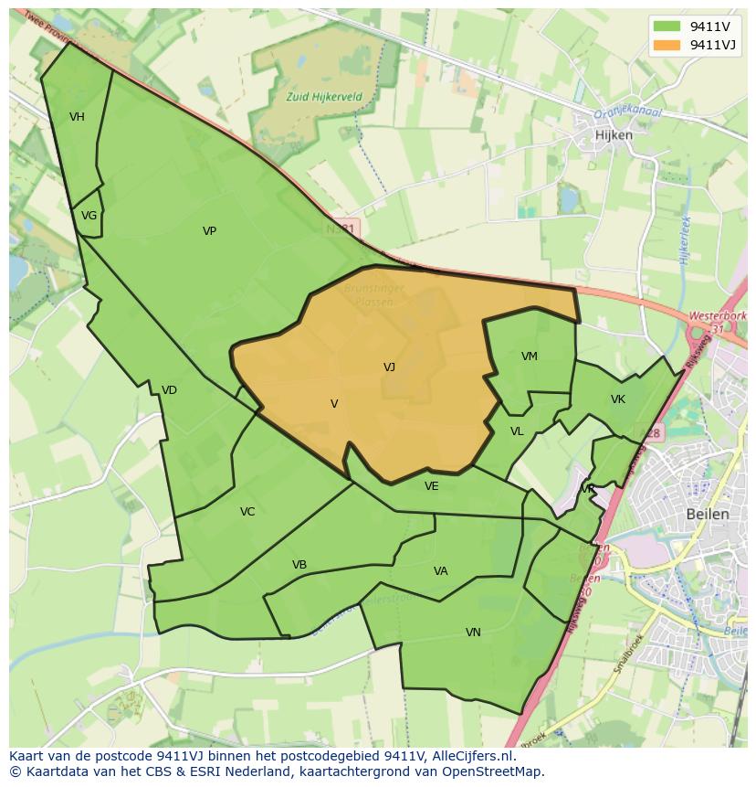 Afbeelding van het postcodegebied 9411 VJ op de kaart.