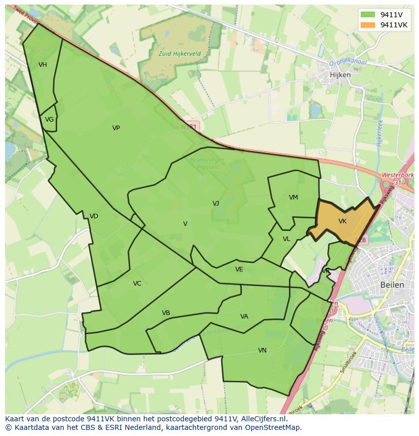 Afbeelding van het postcodegebied 9411 VK op de kaart.