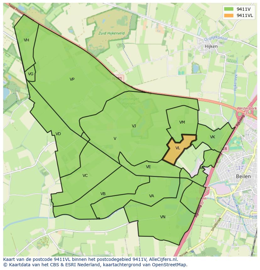 Afbeelding van het postcodegebied 9411 VL op de kaart.