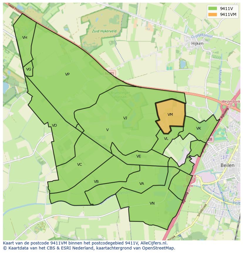 Afbeelding van het postcodegebied 9411 VM op de kaart.