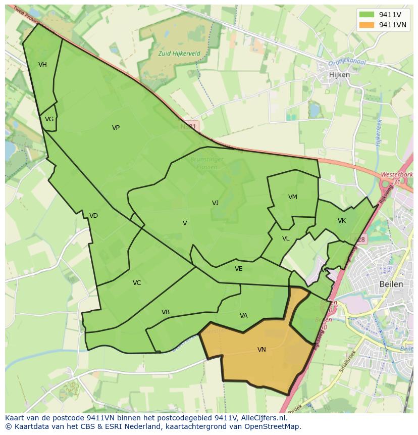 Afbeelding van het postcodegebied 9411 VN op de kaart.