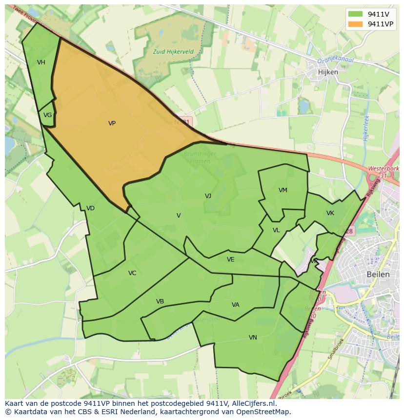 Afbeelding van het postcodegebied 9411 VP op de kaart.