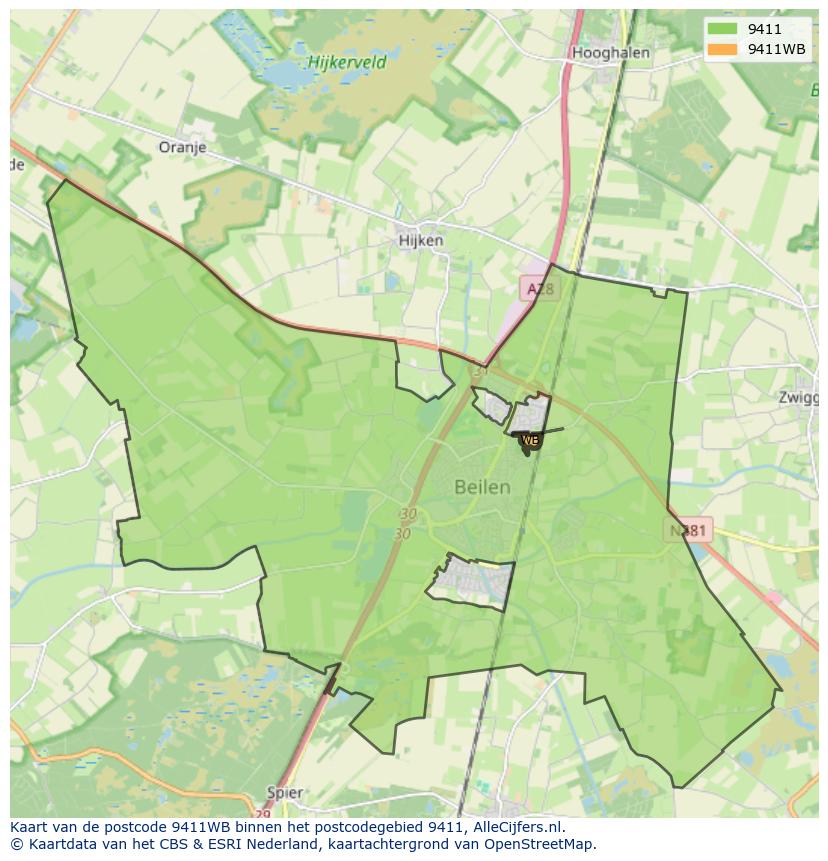 Afbeelding van het postcodegebied 9411 WB op de kaart.