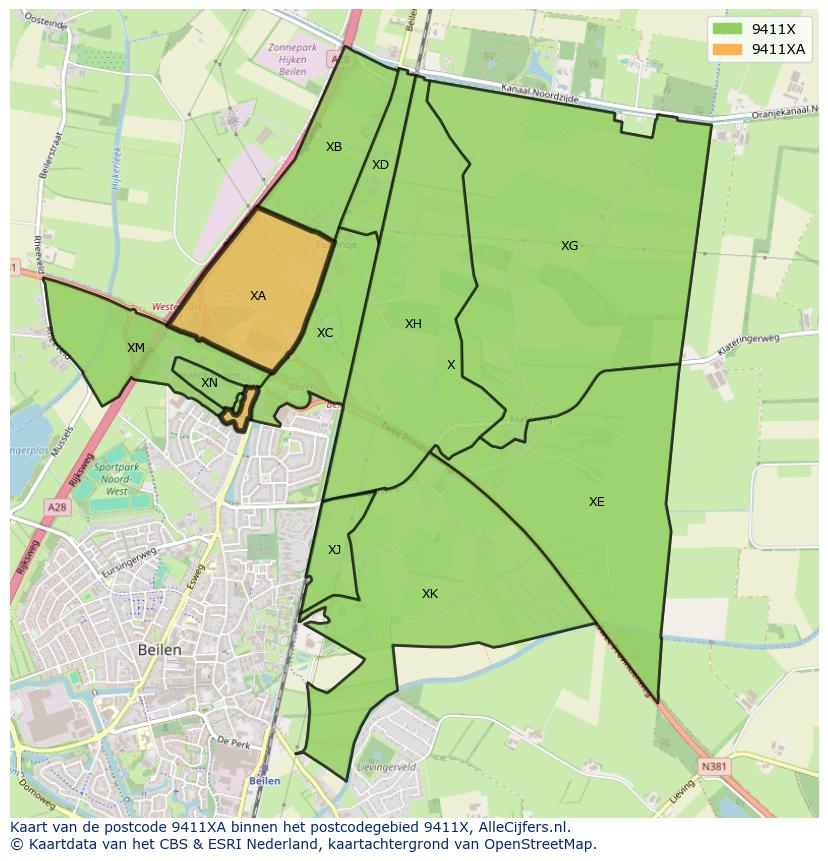Afbeelding van het postcodegebied 9411 XA op de kaart.