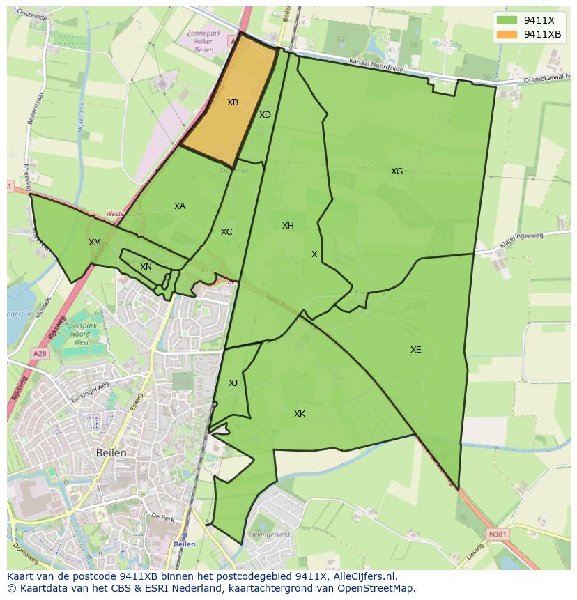 Afbeelding van het postcodegebied 9411 XB op de kaart.