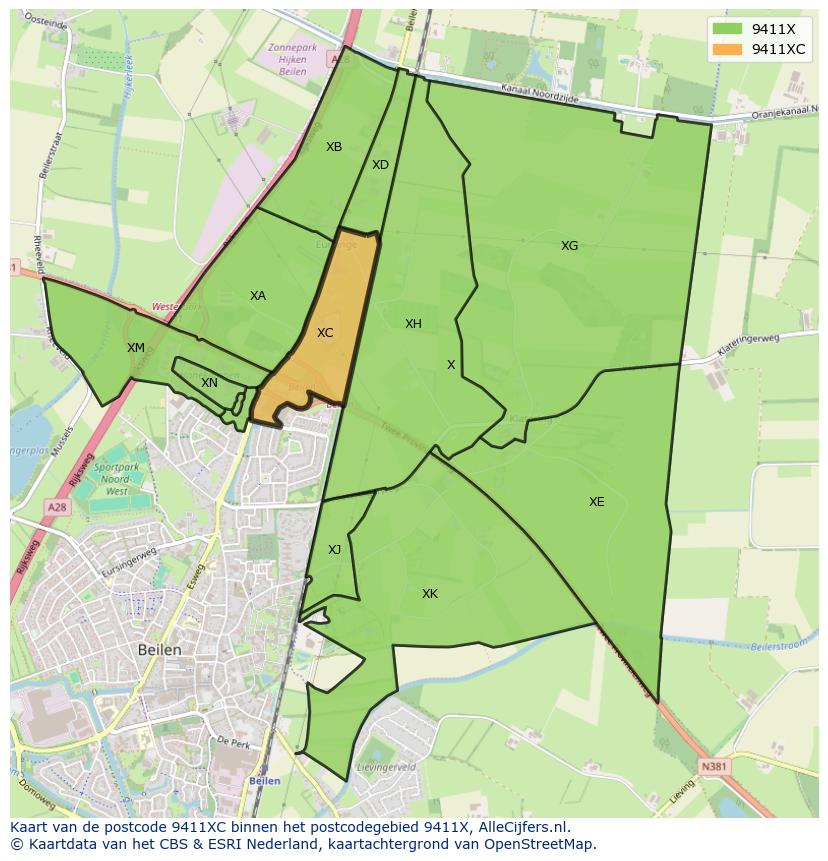 Afbeelding van het postcodegebied 9411 XC op de kaart.