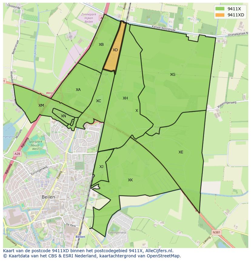 Afbeelding van het postcodegebied 9411 XD op de kaart.