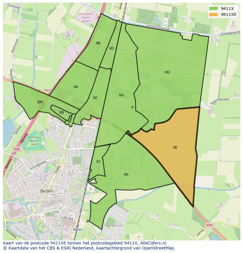 Afbeelding van het postcodegebied 9411 XE op de kaart.