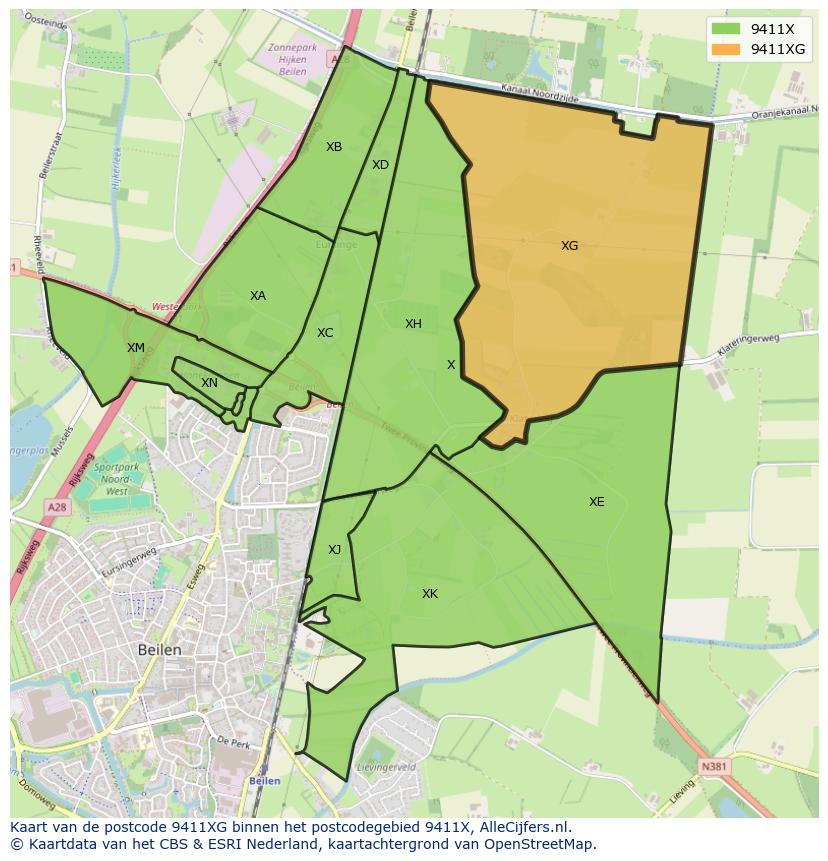 Afbeelding van het postcodegebied 9411 XG op de kaart.