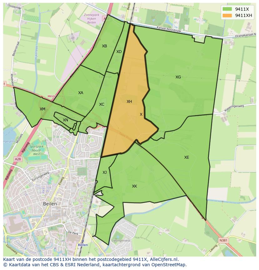 Afbeelding van het postcodegebied 9411 XH op de kaart.
