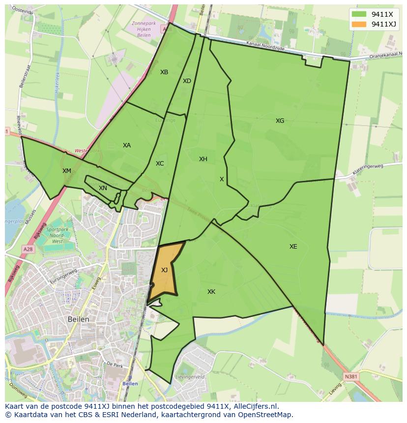 Afbeelding van het postcodegebied 9411 XJ op de kaart.