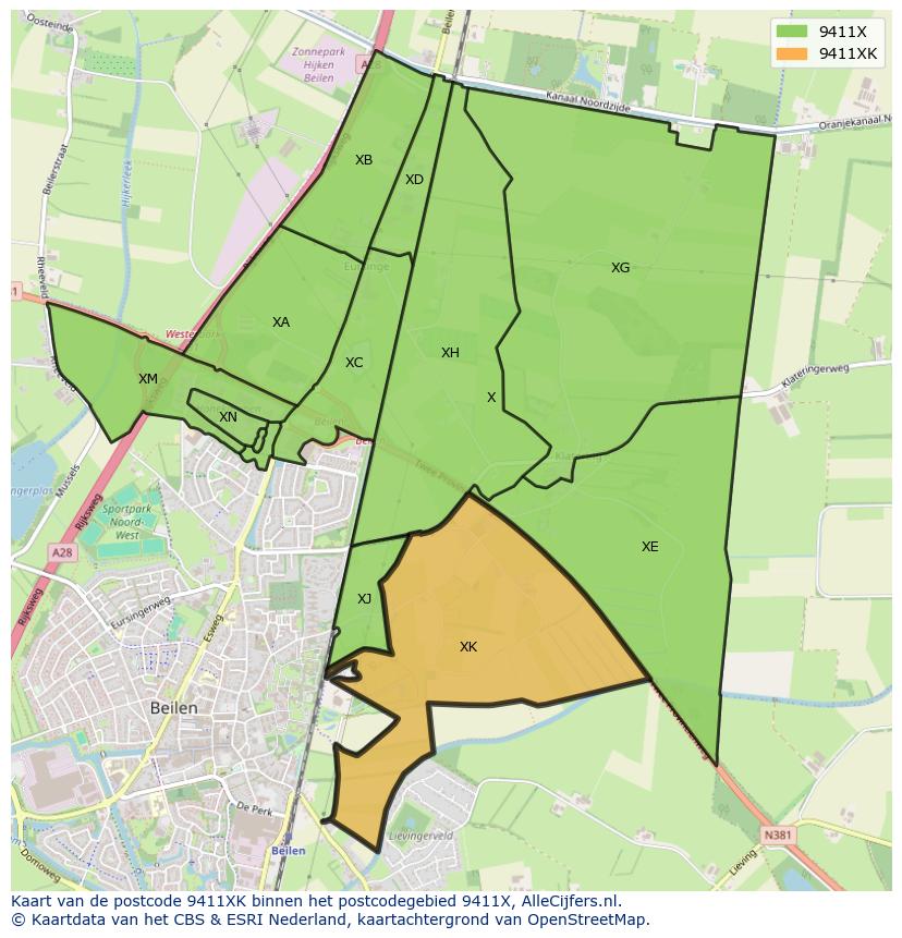 Afbeelding van het postcodegebied 9411 XK op de kaart.