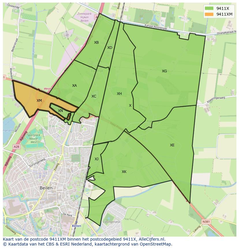 Afbeelding van het postcodegebied 9411 XM op de kaart.