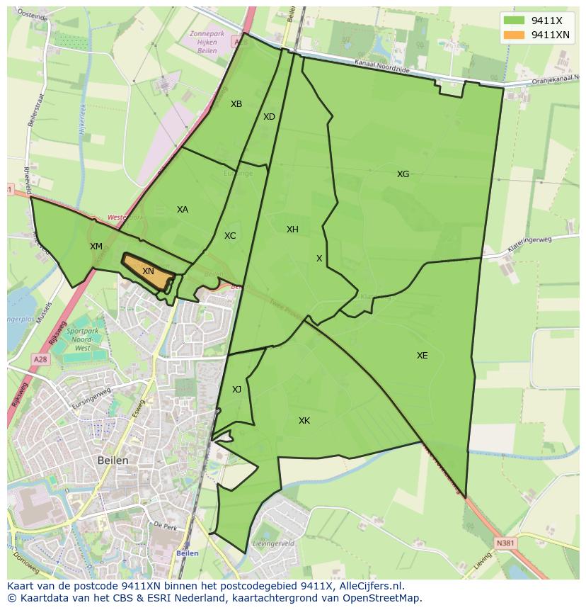 Afbeelding van het postcodegebied 9411 XN op de kaart.