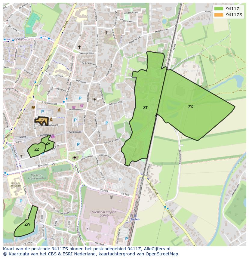 Afbeelding van het postcodegebied 9411 ZS op de kaart.