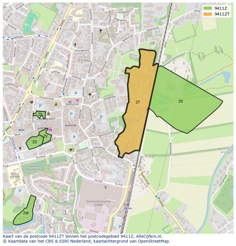 Afbeelding van het postcodegebied 9411 ZT op de kaart.