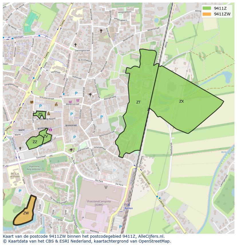 Afbeelding van het postcodegebied 9411 ZW op de kaart.