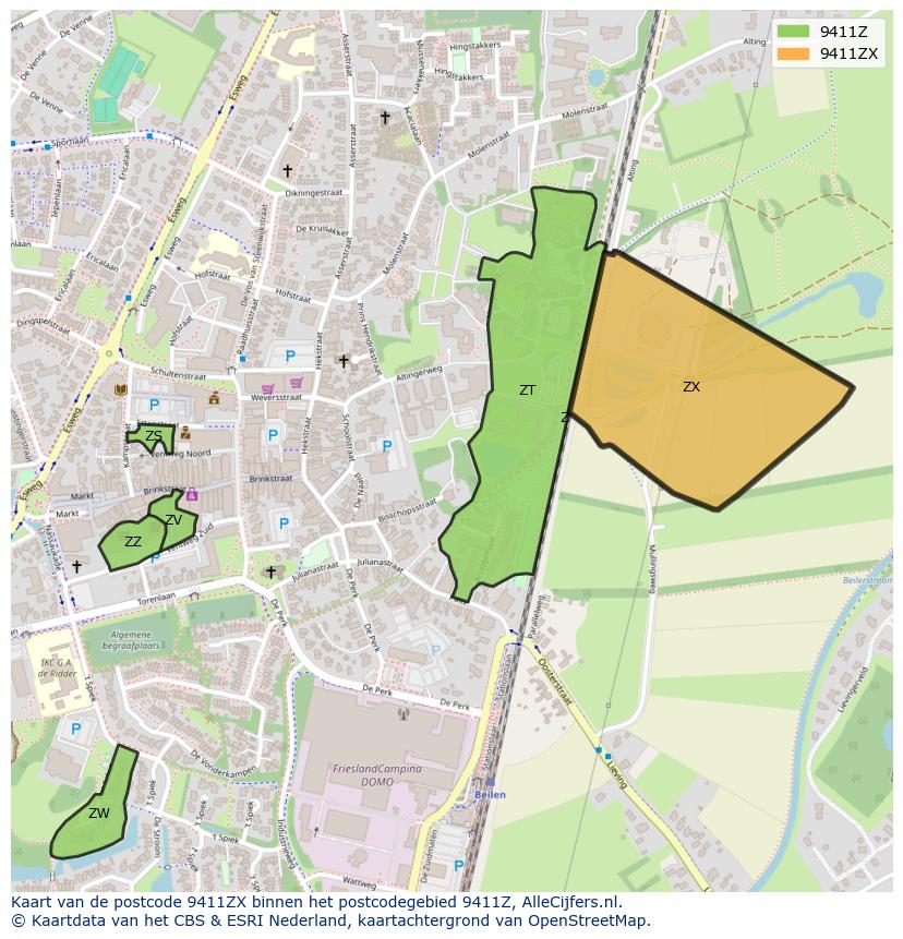 Afbeelding van het postcodegebied 9411 ZX op de kaart.