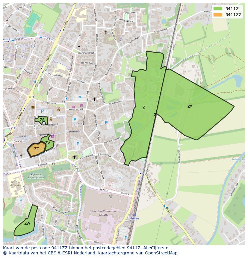 Afbeelding van het postcodegebied 9411 ZZ op de kaart.