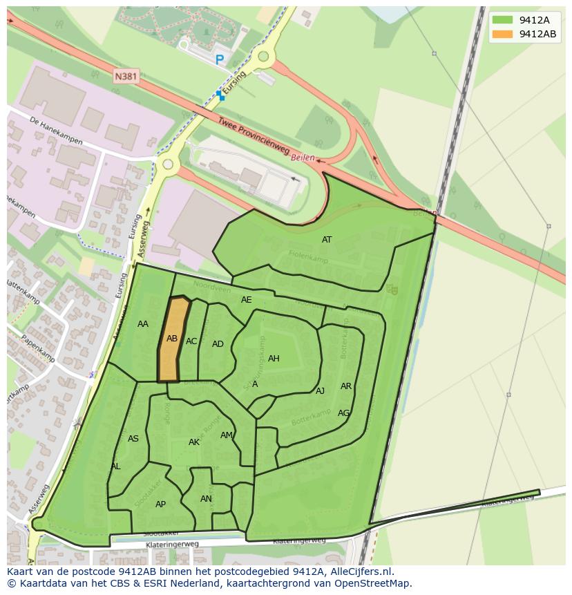 Afbeelding van het postcodegebied 9412 AB op de kaart.