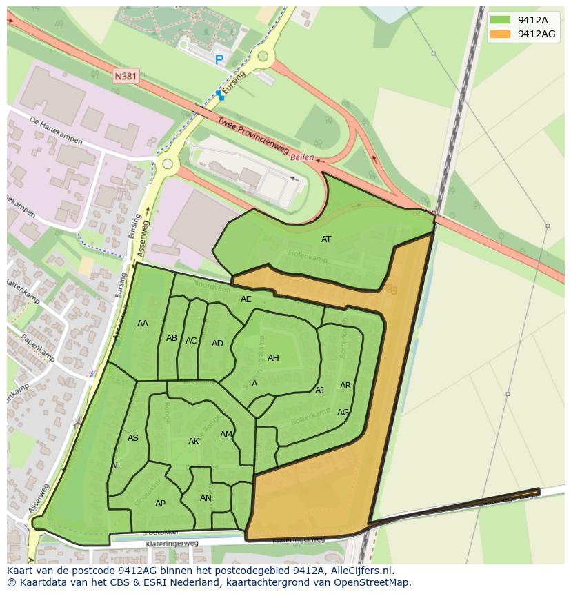 Afbeelding van het postcodegebied 9412 AG op de kaart.