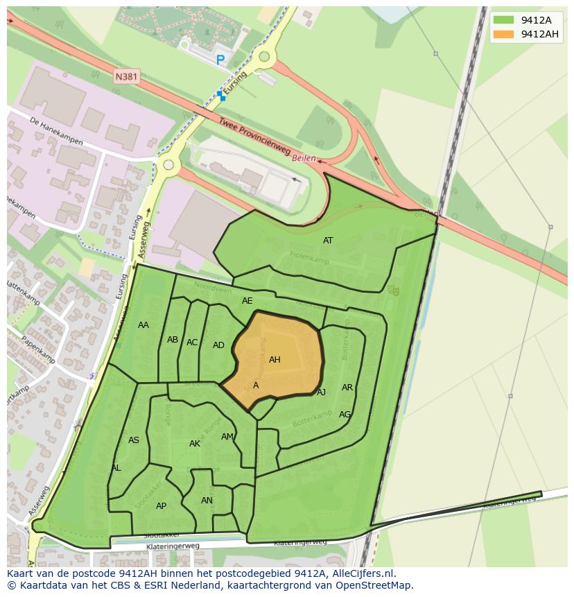 Afbeelding van het postcodegebied 9412 AH op de kaart.