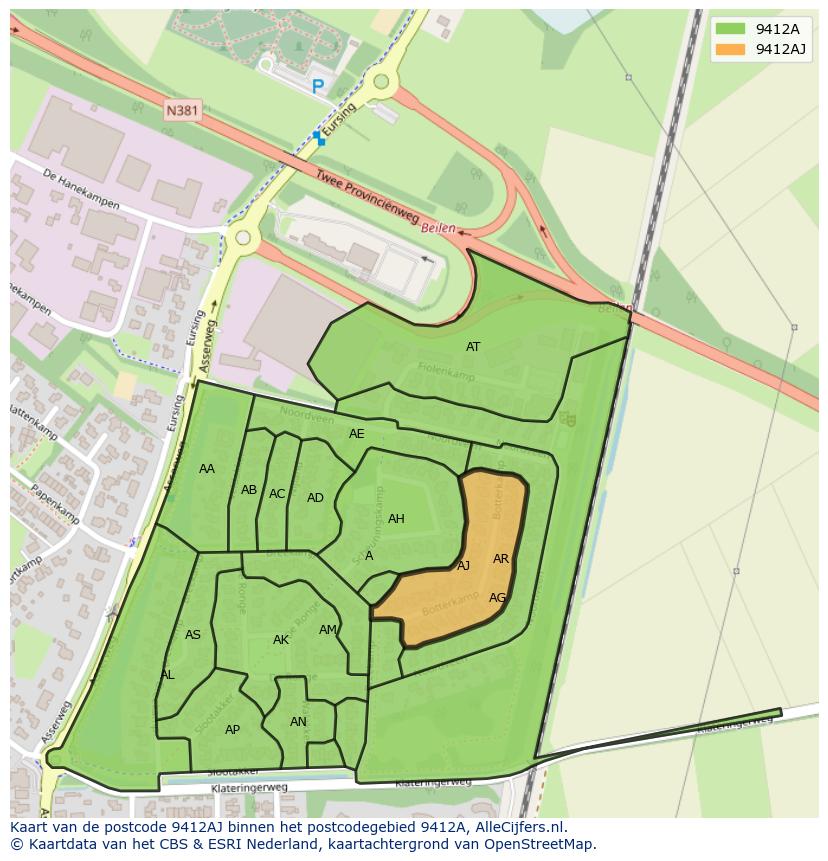Afbeelding van het postcodegebied 9412 AJ op de kaart.