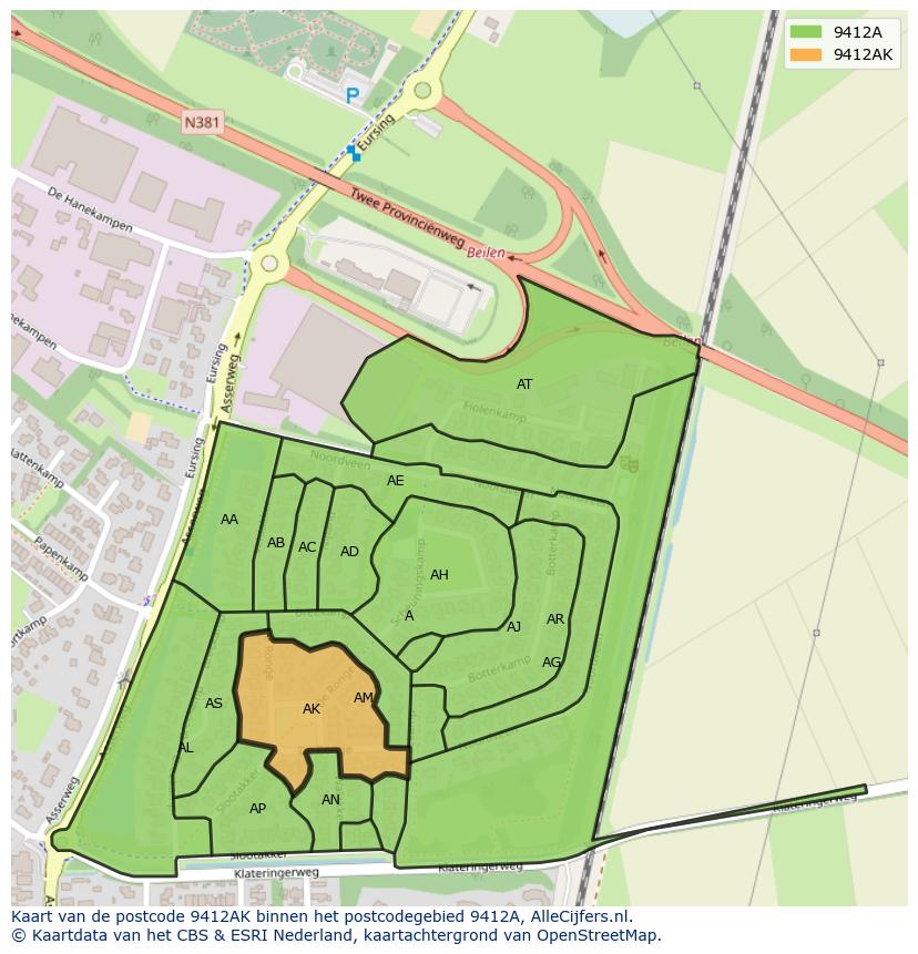 Afbeelding van het postcodegebied 9412 AK op de kaart.