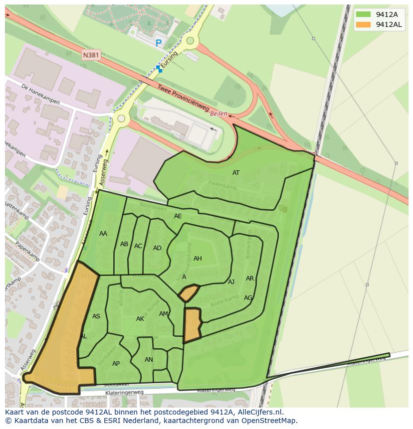 Afbeelding van het postcodegebied 9412 AL op de kaart.