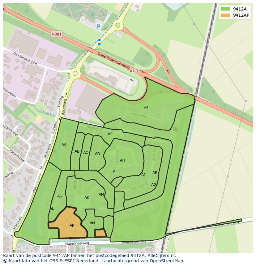 Afbeelding van het postcodegebied 9412 AP op de kaart.