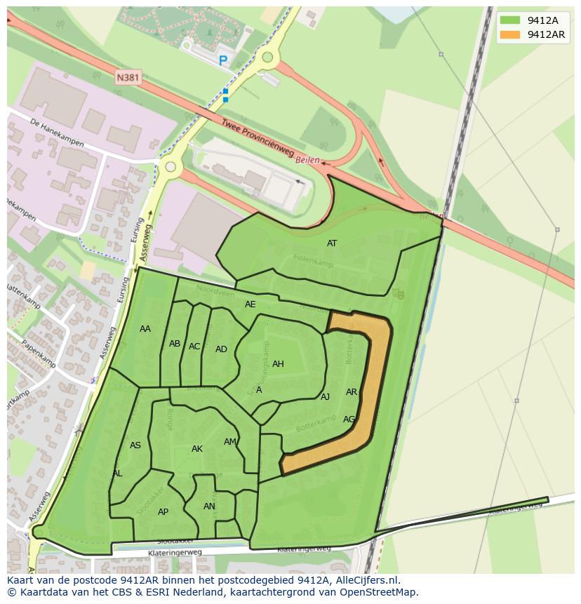 Afbeelding van het postcodegebied 9412 AR op de kaart.