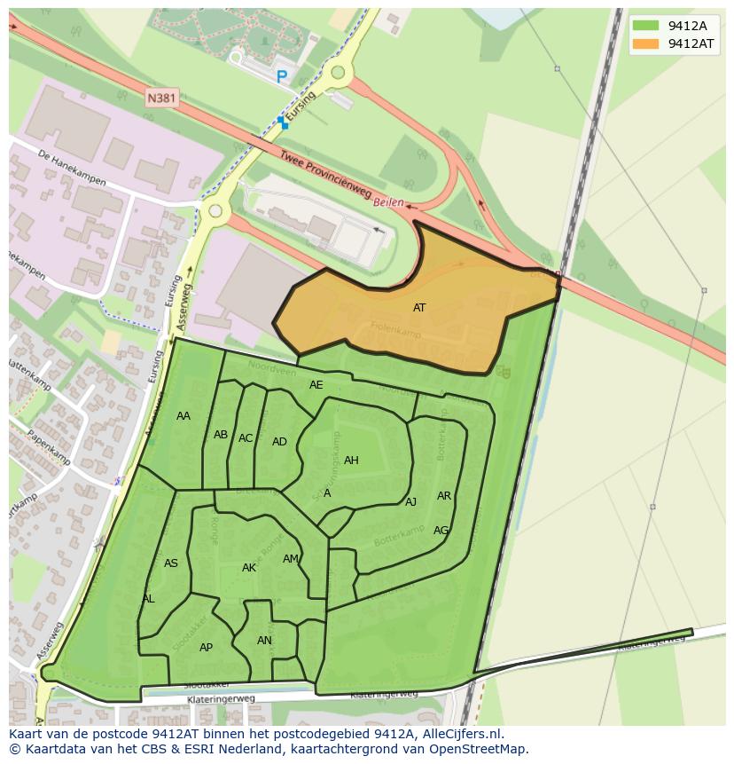 Afbeelding van het postcodegebied 9412 AT op de kaart.