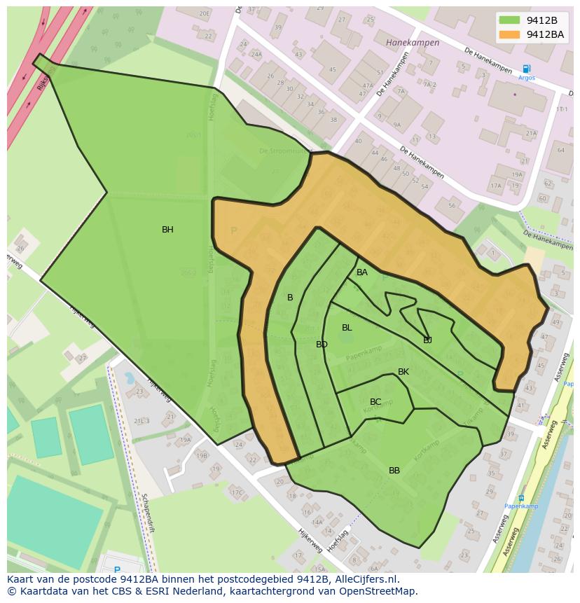 Afbeelding van het postcodegebied 9412 BA op de kaart.