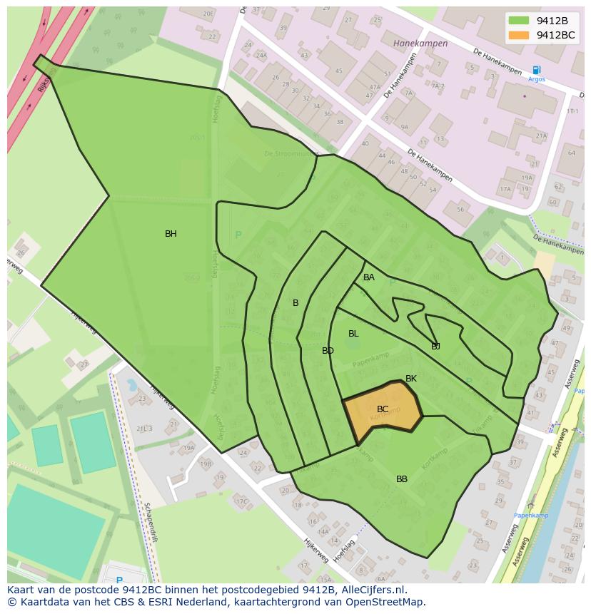 Afbeelding van het postcodegebied 9412 BC op de kaart.