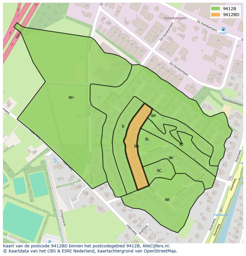 Afbeelding van het postcodegebied 9412 BD op de kaart.