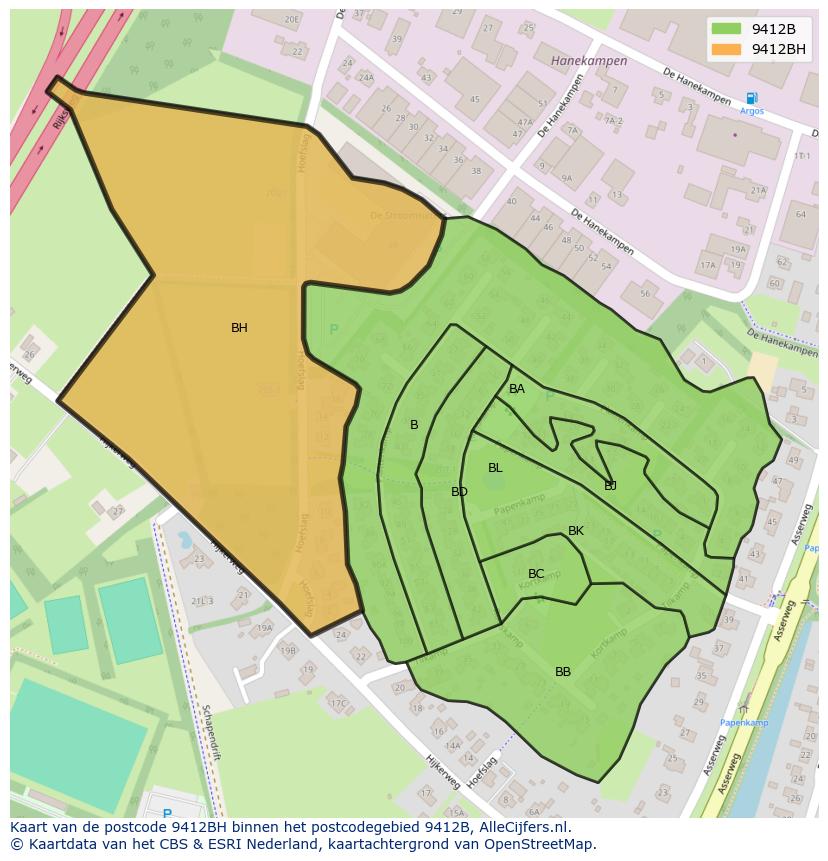 Afbeelding van het postcodegebied 9412 BH op de kaart.