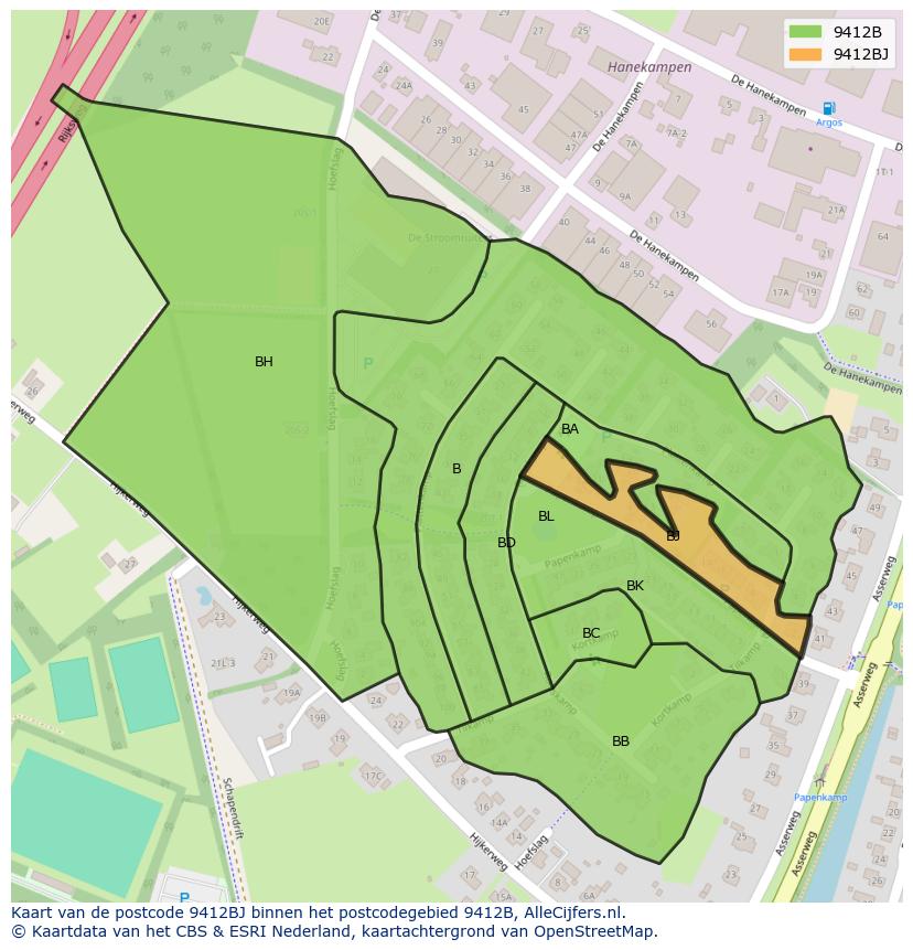 Afbeelding van het postcodegebied 9412 BJ op de kaart.