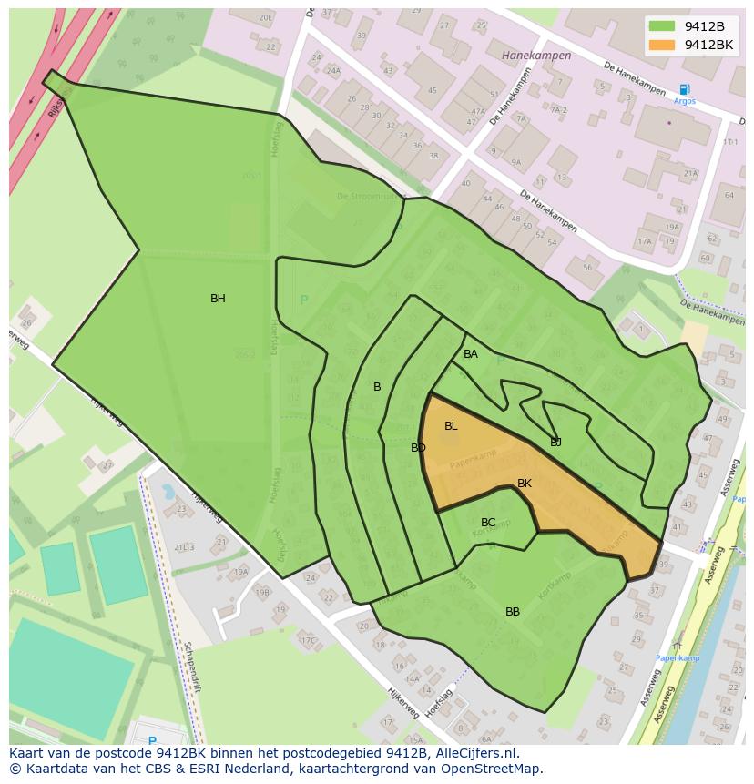 Afbeelding van het postcodegebied 9412 BK op de kaart.