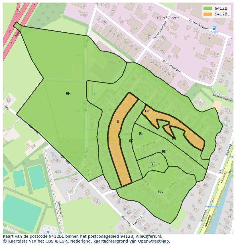 Afbeelding van het postcodegebied 9412 BL op de kaart.
