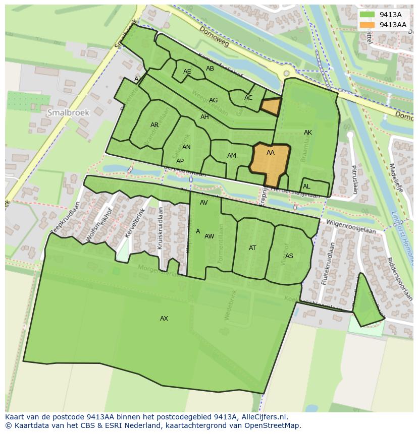 Afbeelding van het postcodegebied 9413 AA op de kaart.