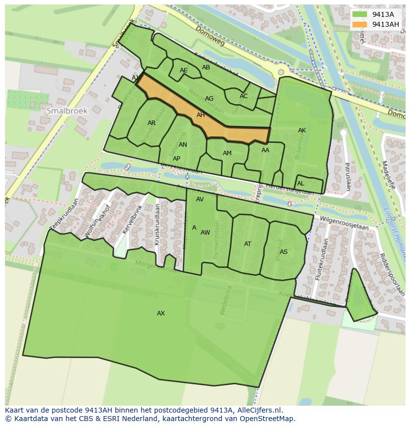 Afbeelding van het postcodegebied 9413 AH op de kaart.
