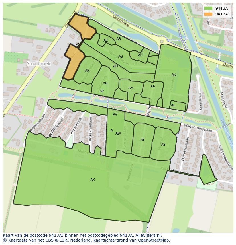 Afbeelding van het postcodegebied 9413 AJ op de kaart.