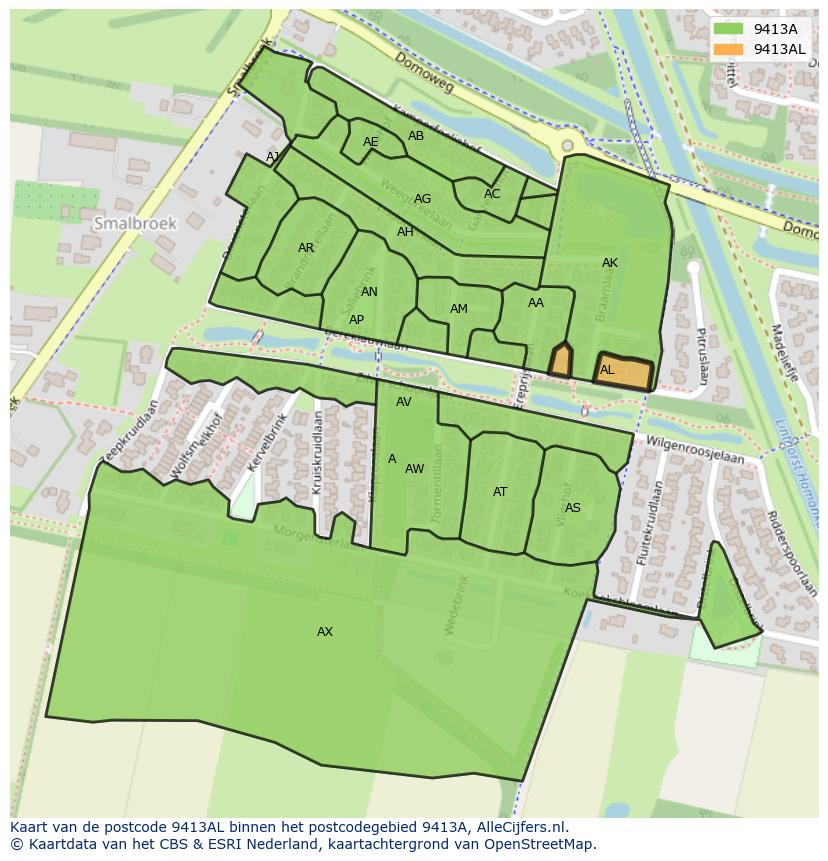Afbeelding van het postcodegebied 9413 AL op de kaart.